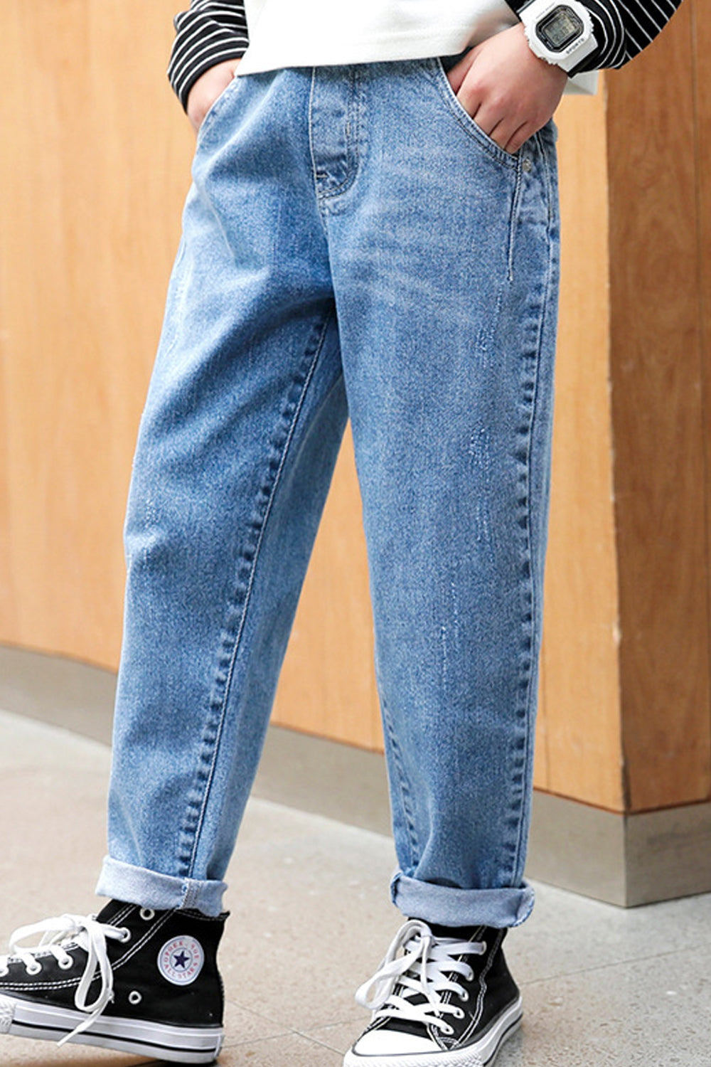 Kids Boys Trendy Solid Colored Elasticated Mid-Waist Belt Loops Summer Stylish Denim Jeans