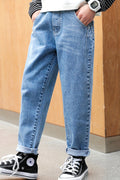Kids Boys Trendy Solid Colored Elasticated Mid-Waist Belt Loops Summer Stylish Denim Jeans