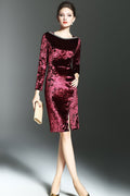 Women Sheath Style Velvet Slit Dress Red