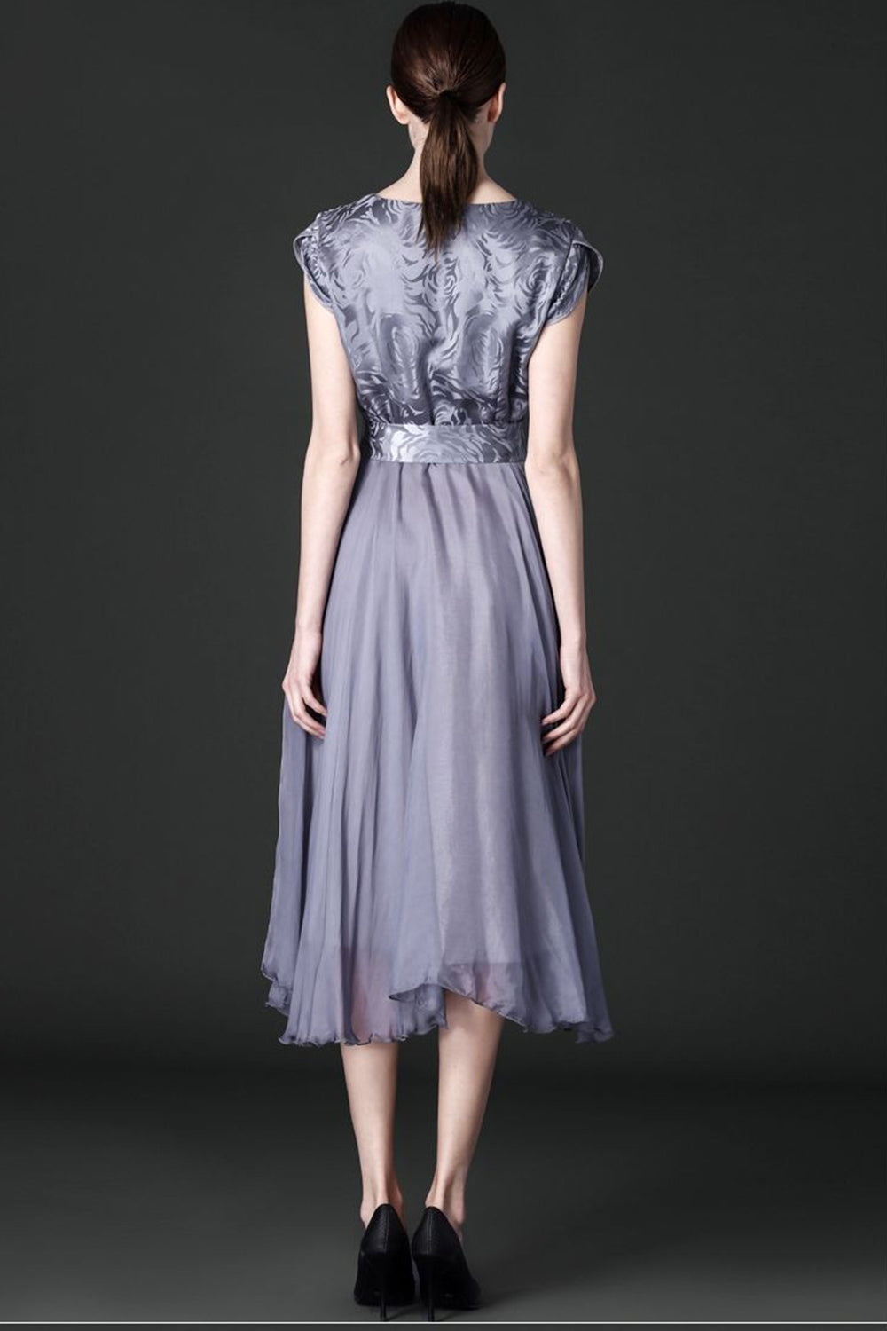 Women Silk Printed Top Bow Waist Prom Dress Gray