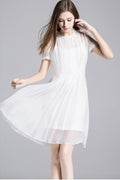 TOMCARRY WOMEN THIN CHIFFON ELASTIC WAIST SHIFT DRESS WHITE