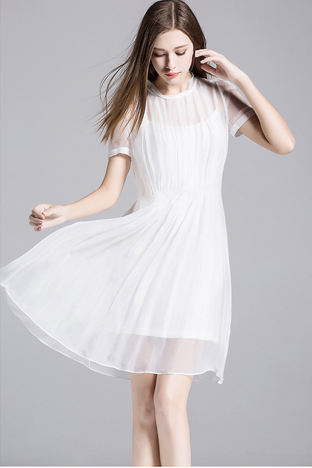 TOMCARRY WOMEN THIN CHIFFON ELASTIC WAIST SHIFT DRESS WHITE