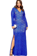 Women Long Lace Tight Lace Decorated Gown Blue