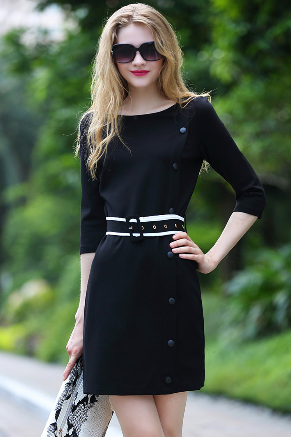 Women Bodycon Evening Belt Fastening Style Sheath Dress Black