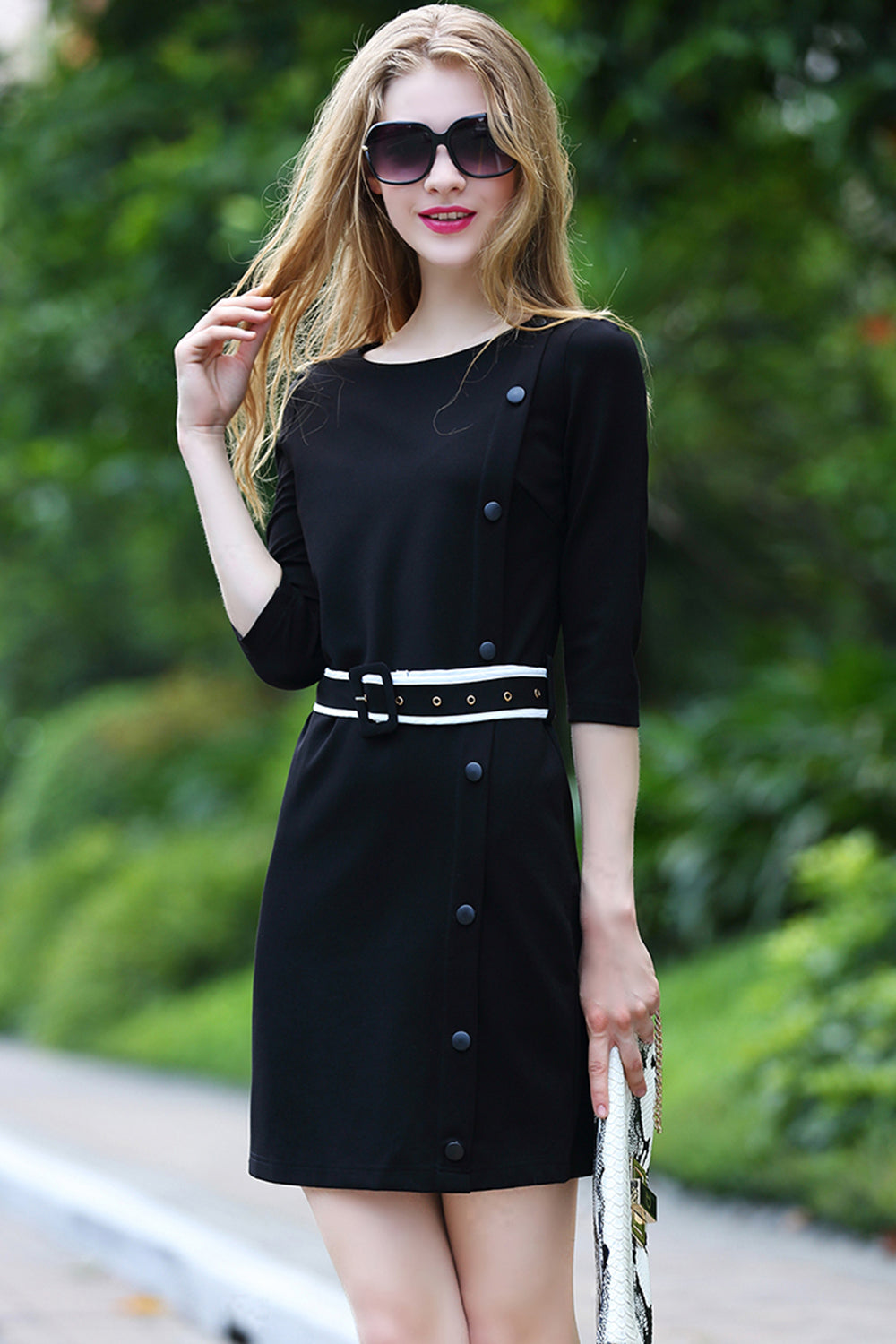 Women Bodycon Evening Belt Fastening Style Sheath Dress Black