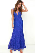 Women Open Back V-Shape Sleeveless Lace Maxi Dress Blue
