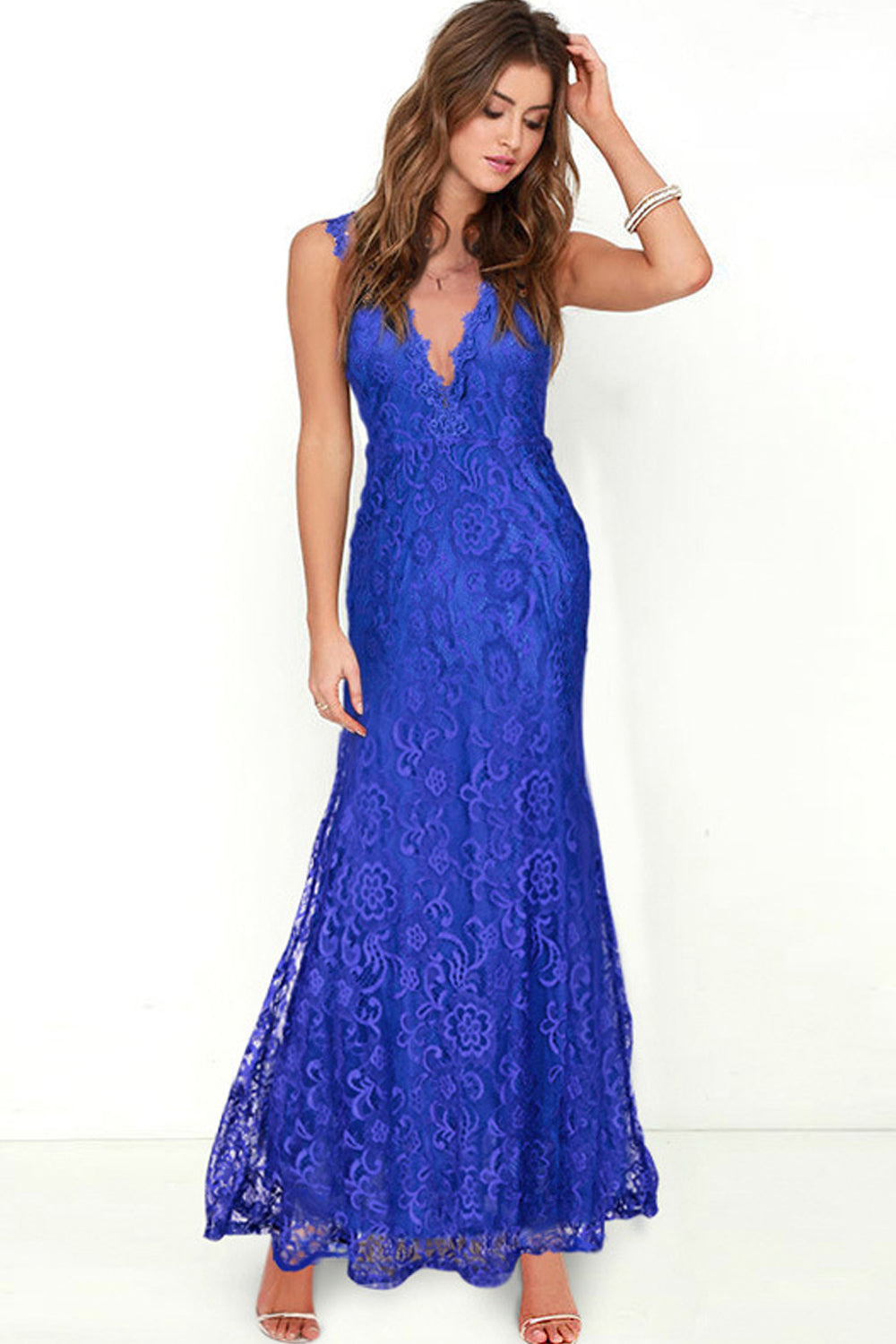 Women Open Back V-Shape Sleeveless Lace Maxi Dress Blue