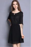 Women Chic Solid Color Keyhole Neck Tie Sleeve Dress