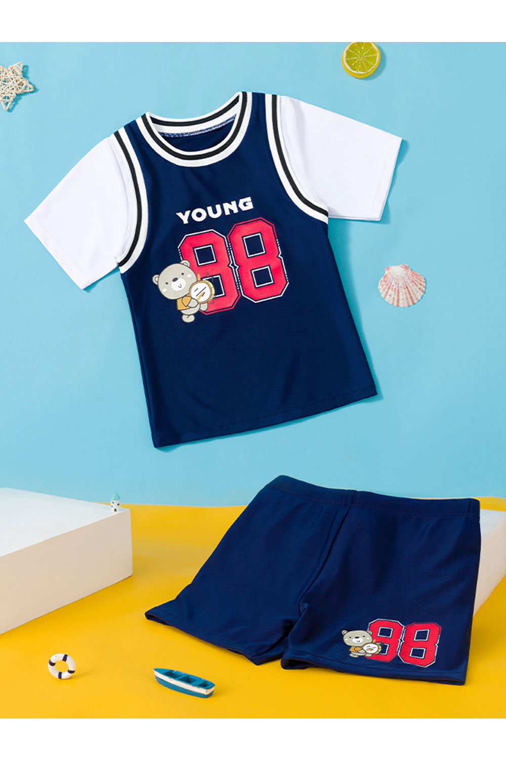 Kids Boys Beautiful Printed Pattern Easy Round Neck Thin Short Sleeve Two-Piece Pool Swimwear