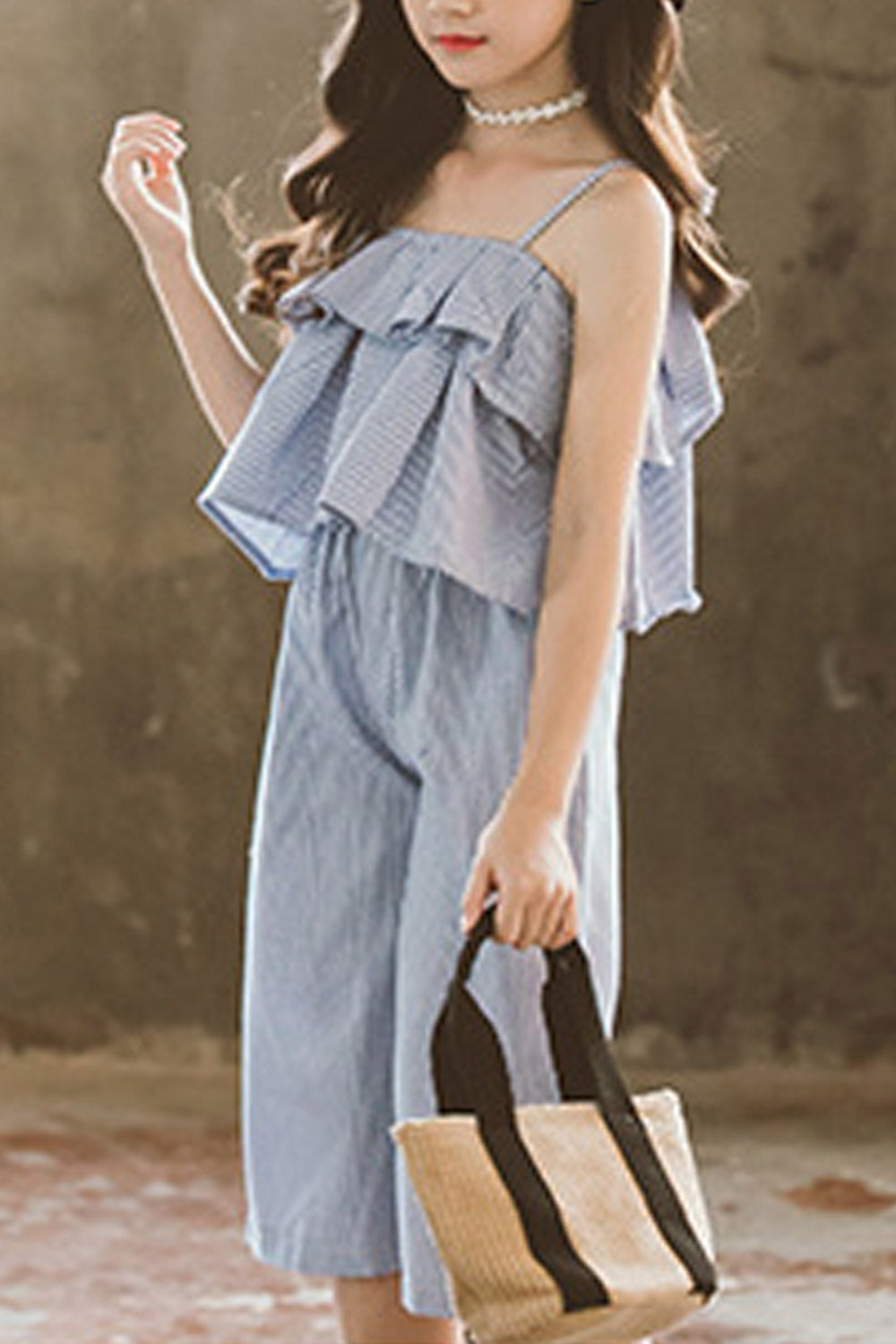 Kids Girls Ruffled Solid Colores Two Piece Summer Dress