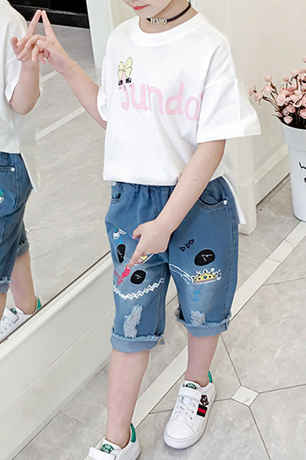 Kids Girls Side Slit Round Neck Loose T-Shirt