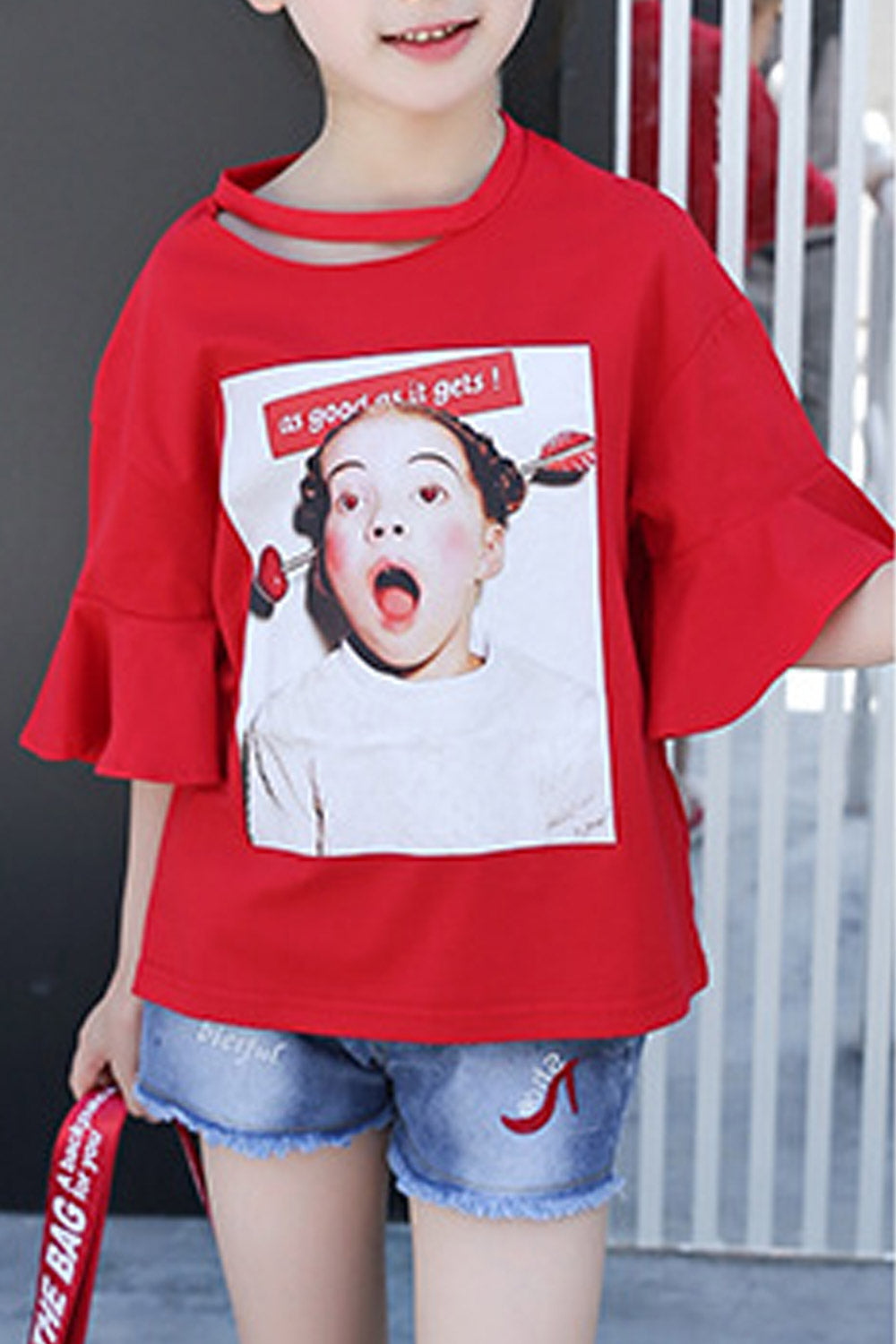 Kids Girls Trumpet Sleeve Printed Fashion T-Shirt