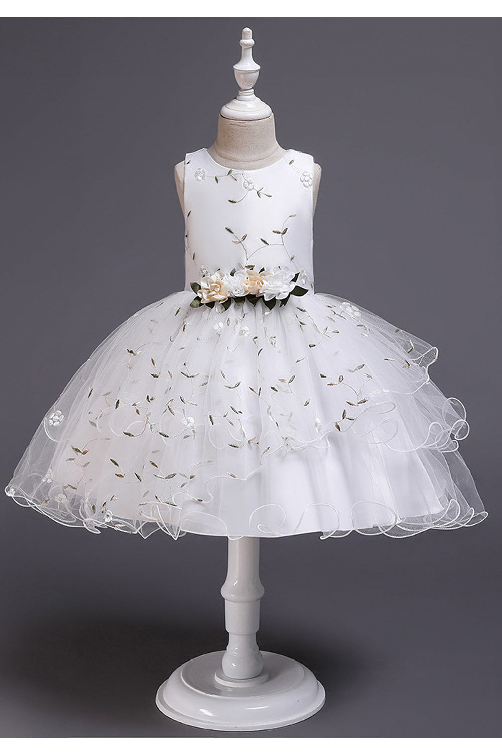 Kids Girls Flower Waist Embroidered Party Dress