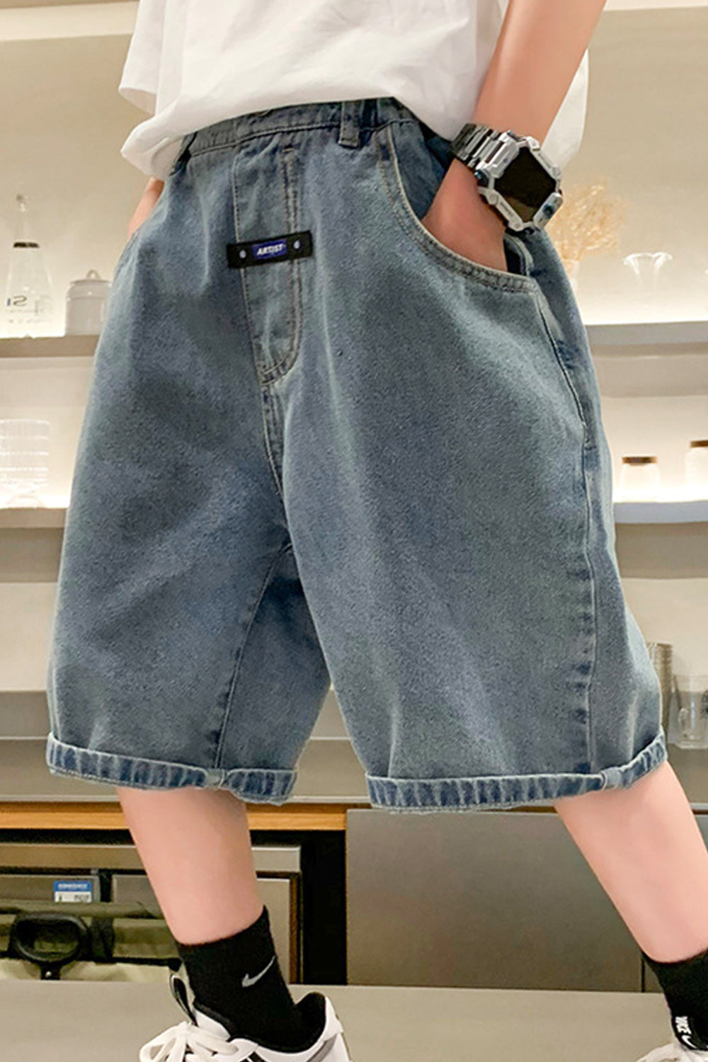 Kids Boys Tremendous Solid Colored Pockets Styled Fabulous Solid Colored Summer Casual Denim Short