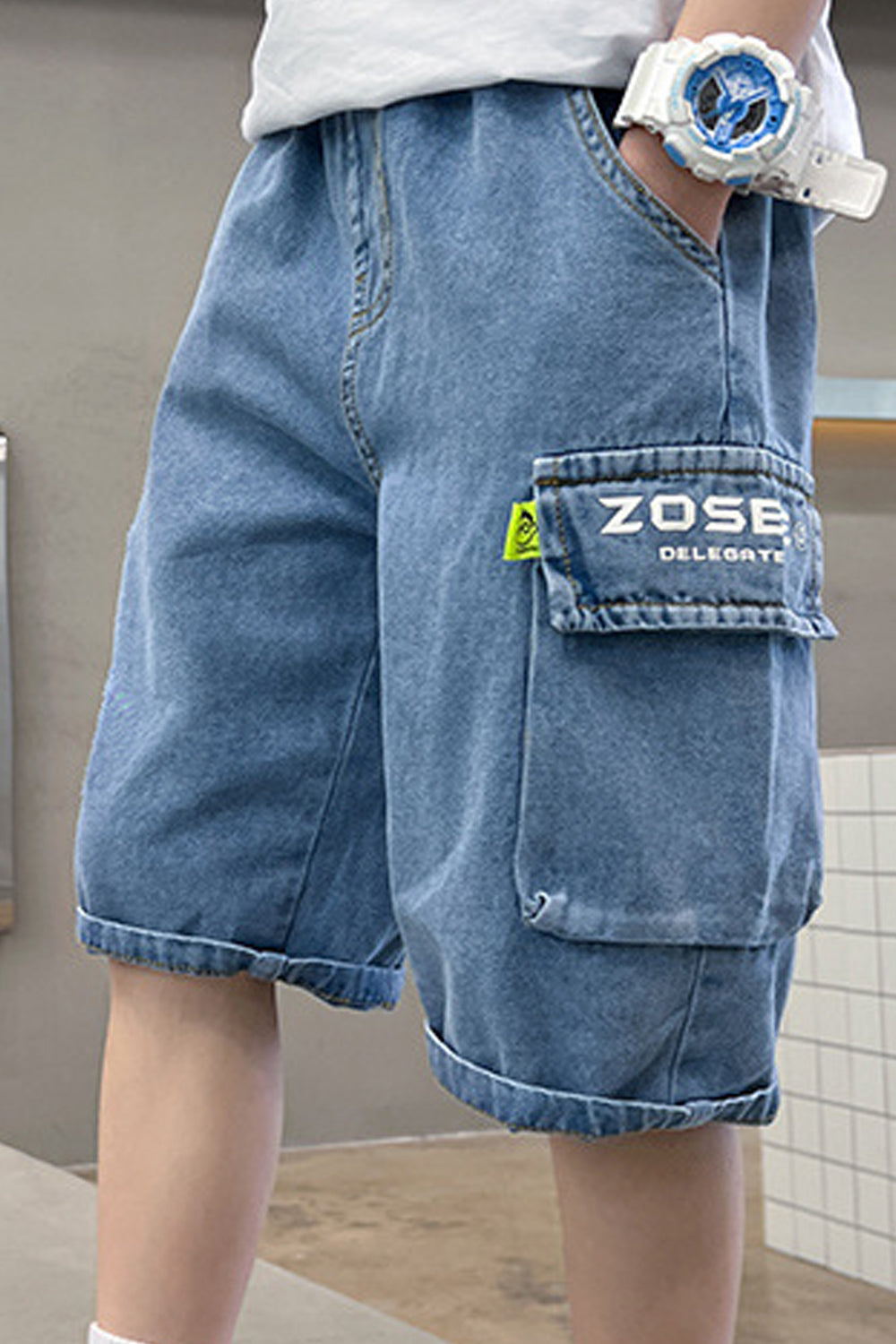 Kids Boys Sophisticated Letter Pattern Summer Relaxed Fit Pockets Styled Casual Denim Short