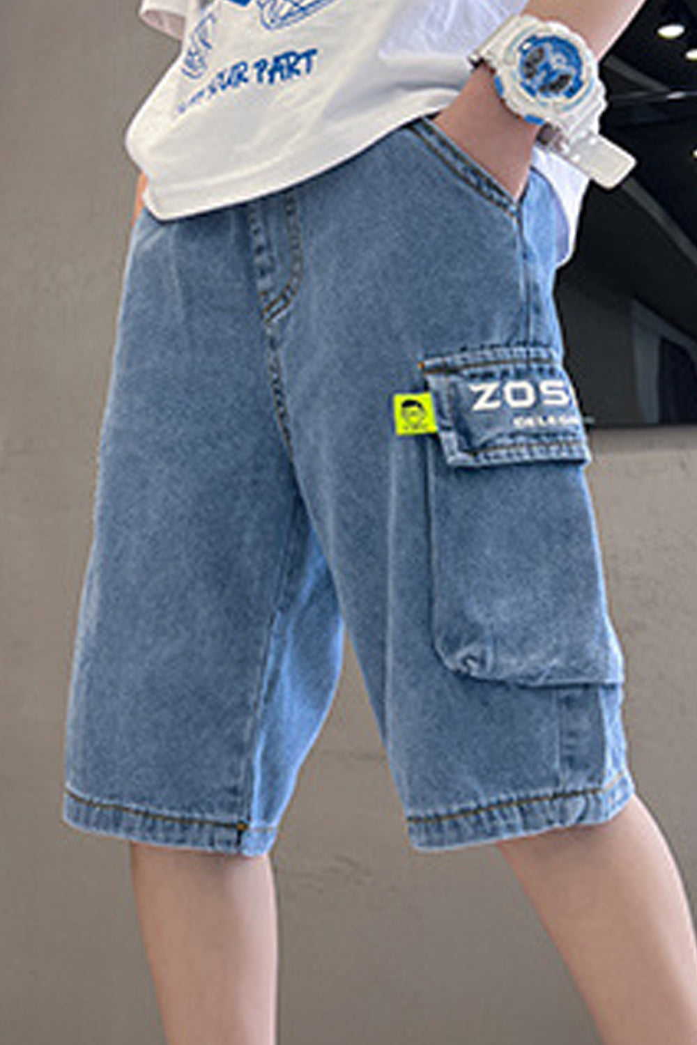 Kids Boys Sophisticated Letter Pattern Summer Relaxed Fit Pockets Styled Casual Denim Short