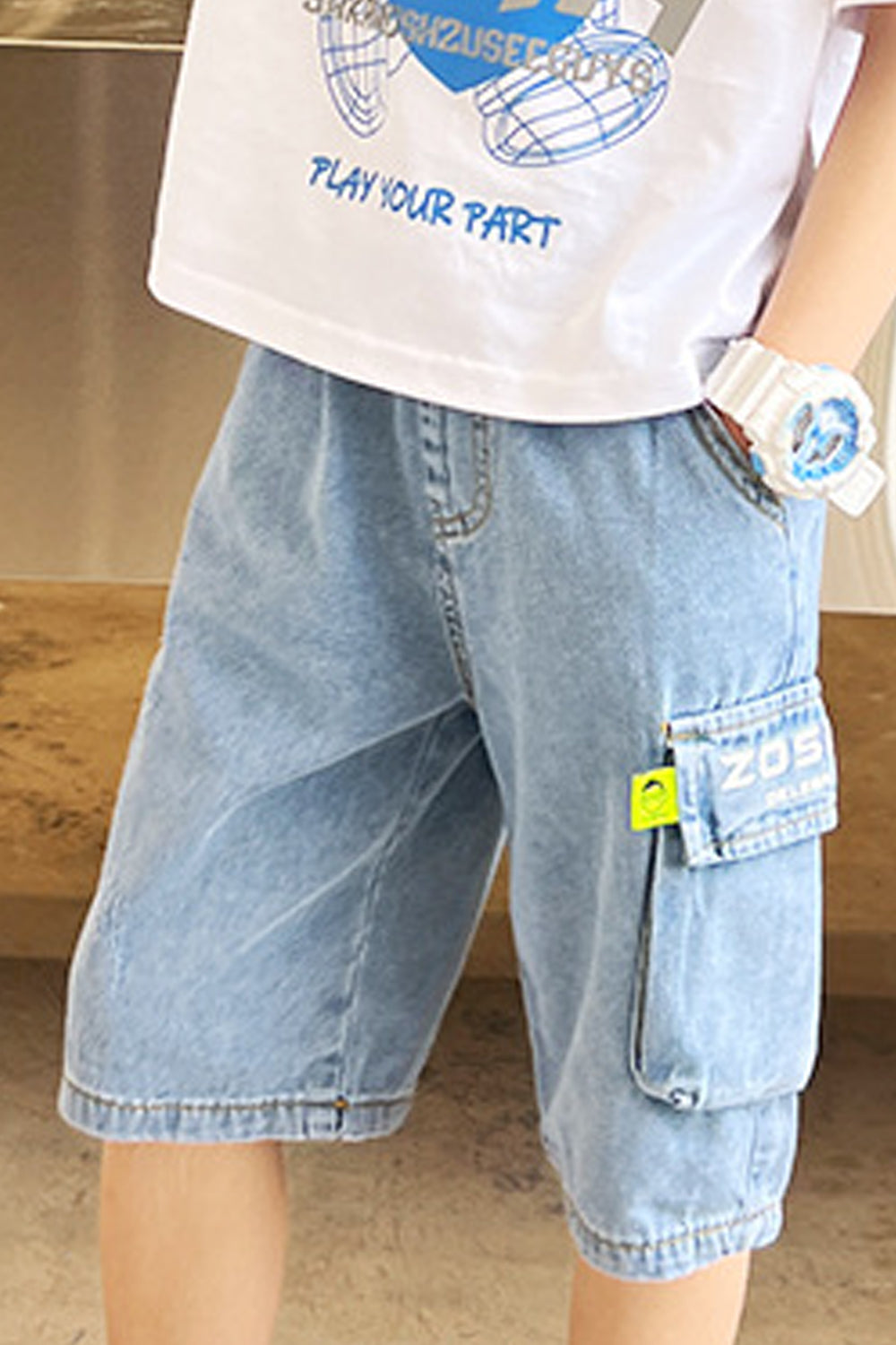 Kids Boys Sophisticated Letter Pattern Summer Relaxed Fit Pockets Styled Casual Denim Short