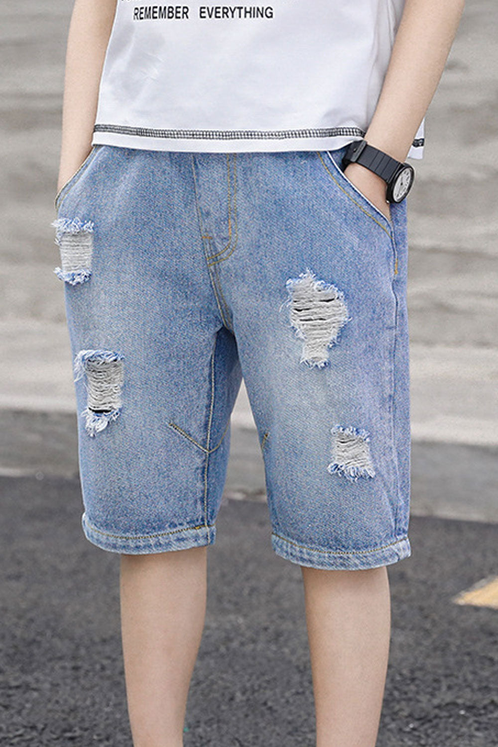 Kids Boys Relaxed Fit Elasticated Mid-Waist Fabulous Solid Colored Belt Loops Casual Ripped Denim Short