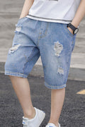 Kids Boys Relaxed Fit Elasticated Mid-Waist Fabulous Solid Colored Belt Loops Casual Ripped Denim Short