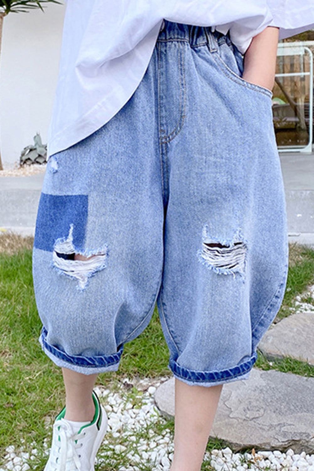 Kids Boys Classy Solid Colored Restful Elasticated Mid-Waist Ripped Styled Weekend Denim Short