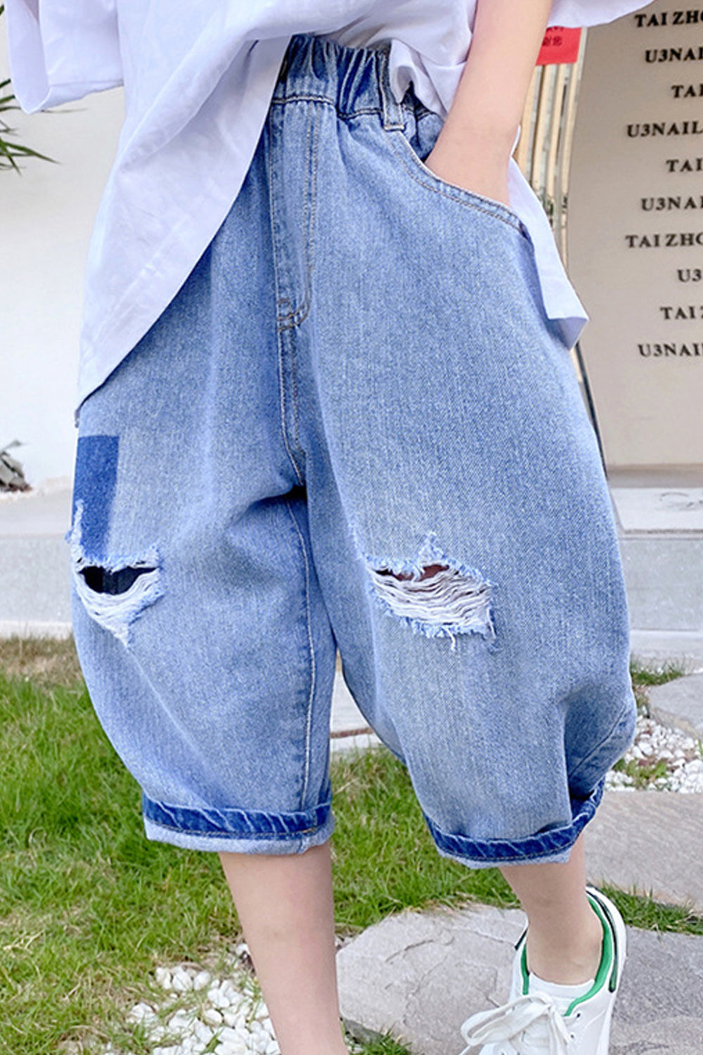 Kids Boys Classy Solid Colored Restful Elasticated Mid-Waist Ripped Styled Weekend Denim Short