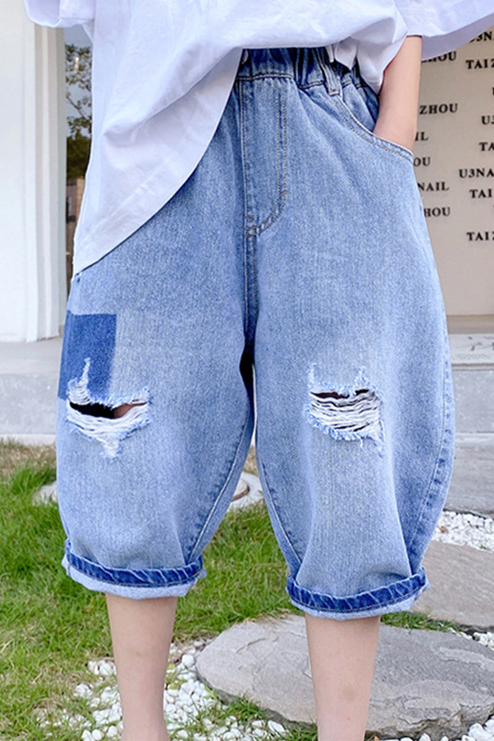 Kids Boys Classy Solid Colored Restful Elasticated Mid-Waist Ripped Styled Weekend Denim Short