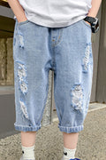 Kids Boys Relaxed Fit & Soft Elasticated Mid-Waist Elegent Solid Colored Ripped Fashion Casual Denim Short