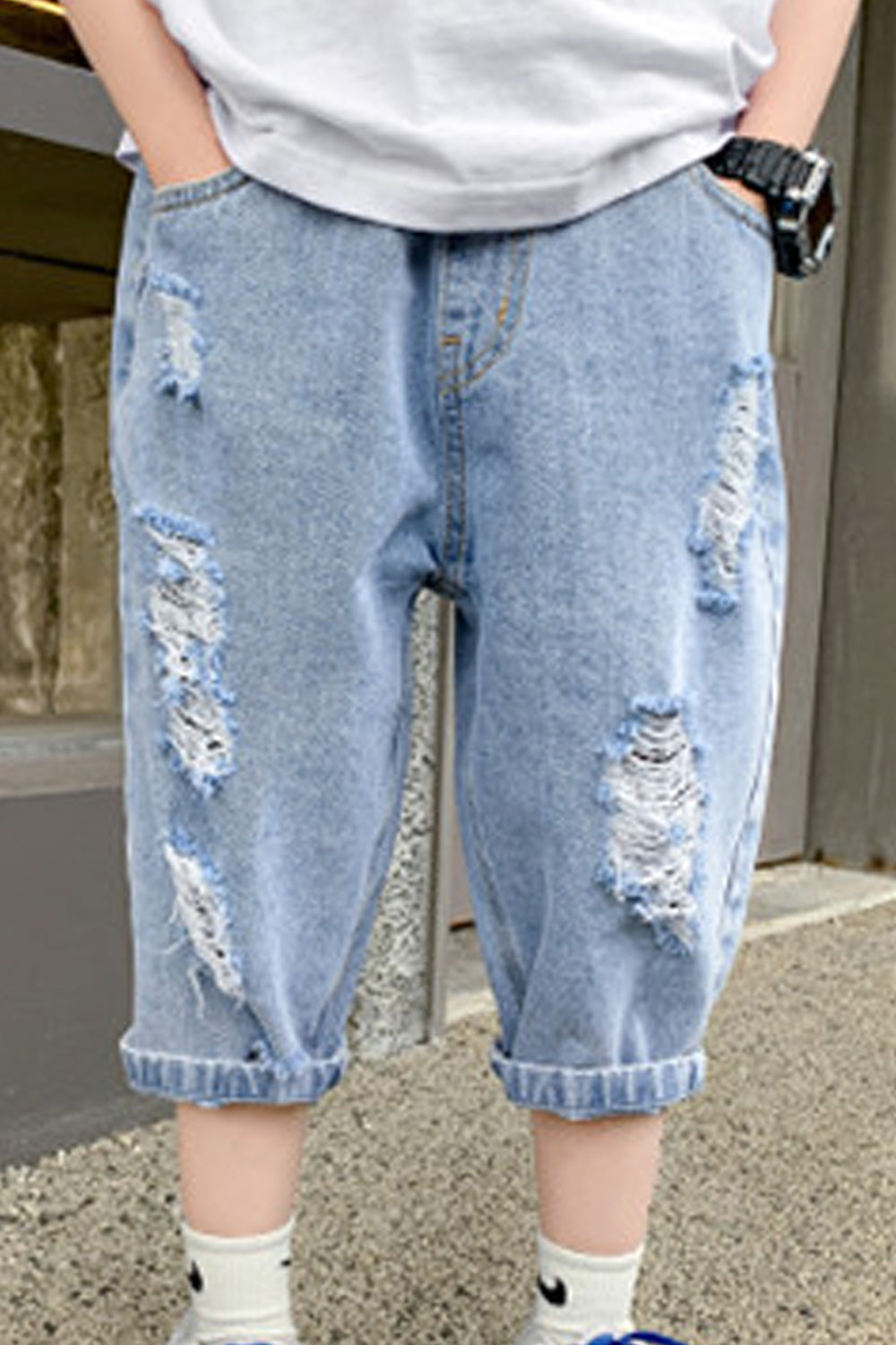 Kids Boys Relaxed Fit & Soft Elasticated Mid-Waist Elegent Solid Colored Ripped Fashion Casual Denim Short