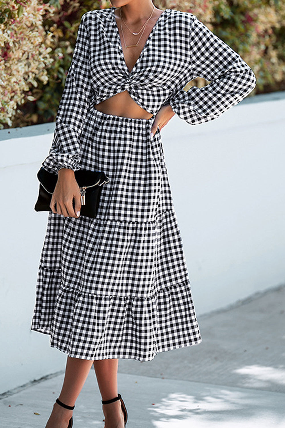 Women Mid-Length Stylish Plaid Pattern Deep V-Neck Long Sleeve Superb Convinient Party Dress