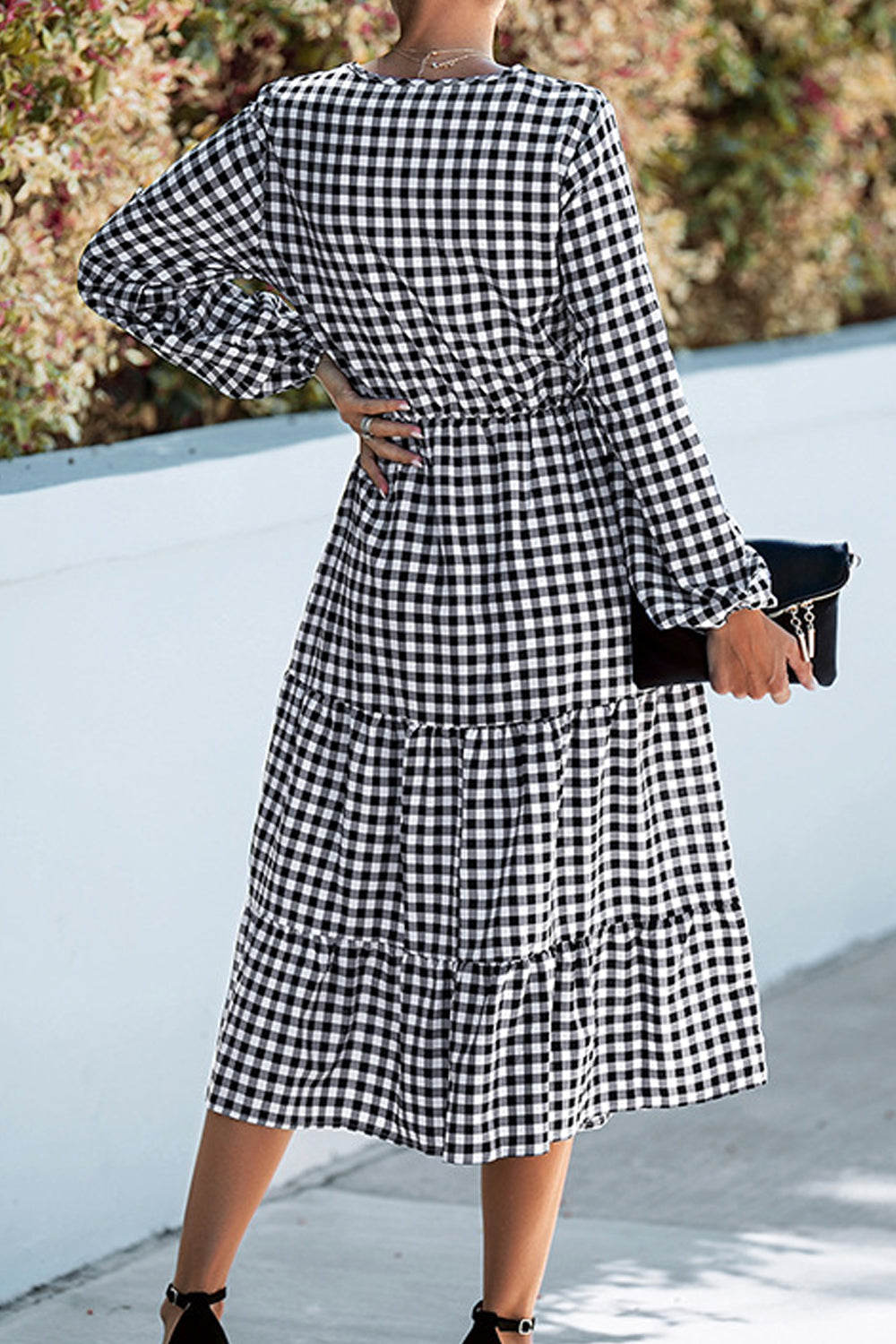 Women Mid-Length Stylish Plaid Pattern Deep V-Neck Long Sleeve Superb Convinient Party Dress