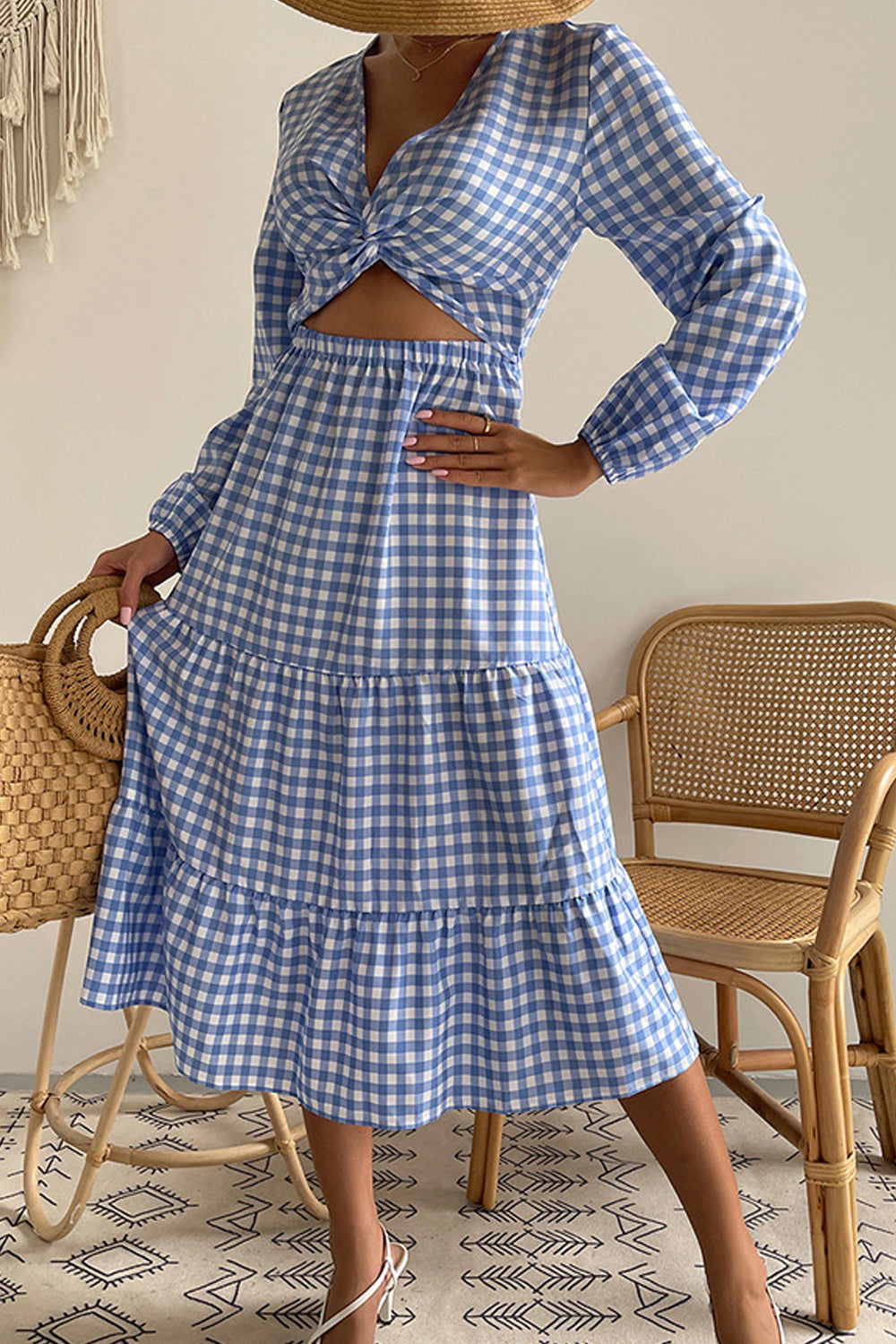 Women Mid-Length Stylish Plaid Pattern Deep V-Neck Long Sleeve Superb Convinient Party Dress