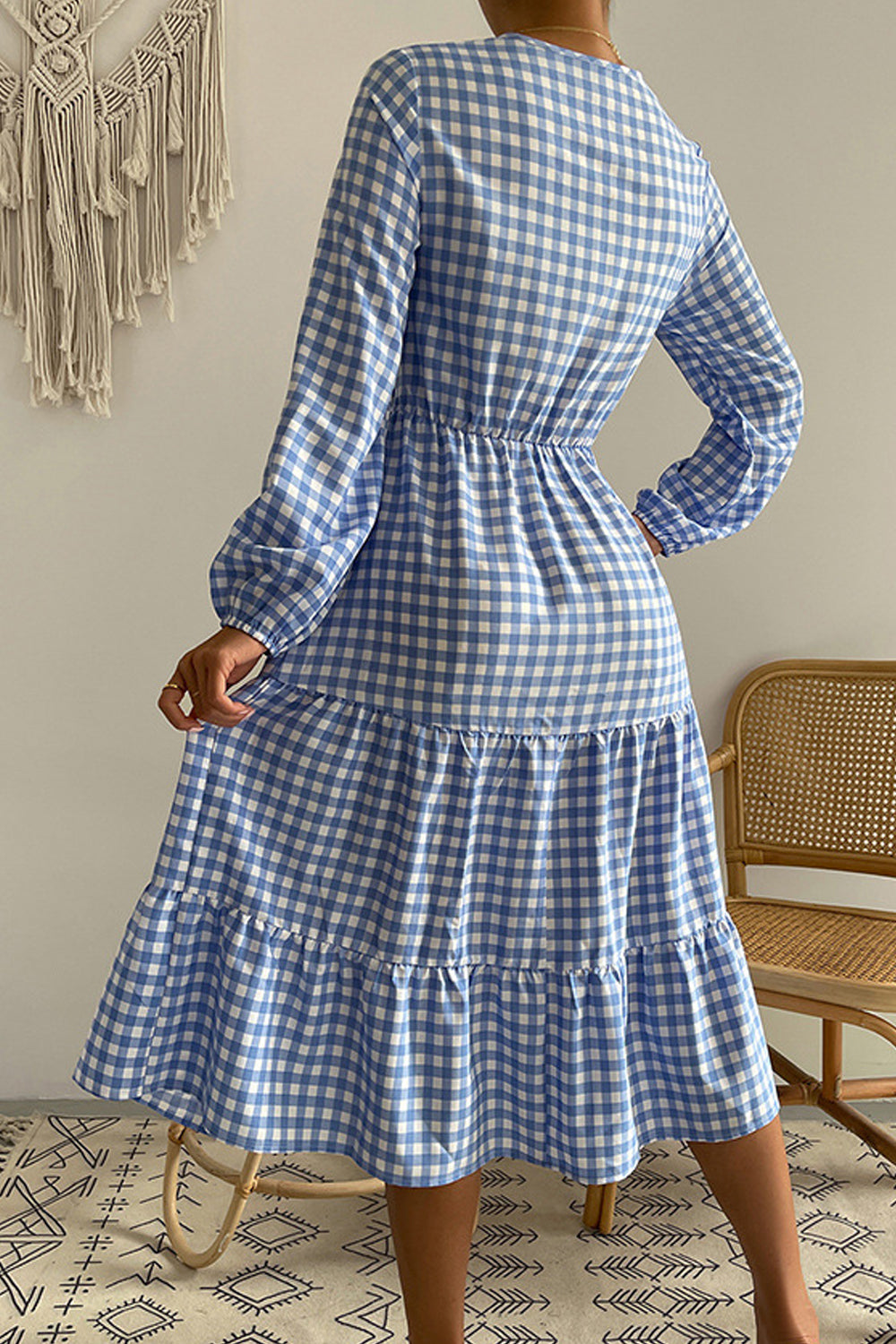 Women Mid-Length Stylish Plaid Pattern Deep V-Neck Long Sleeve Superb Convinient Party Dress