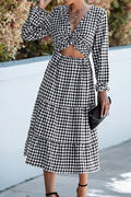 Women Mid-Length Stylish Plaid Pattern Deep V-Neck Long Sleeve Superb Convinient Party Dress
