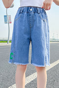 Kids Girls Superb Solid Pattern Elasticated Waistband Split Style Casual Summer Denim Short