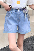Kids Girls Decent Solid Pattern Elasticated Waistband Folded Style Casual Summer Denim Short
