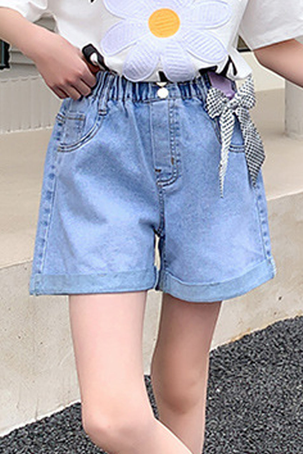 Kids Girls Decent Solid Pattern Elasticated Waistband Folded Style Casual Summer Denim Short