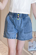 Kids Girls Elegant Solid Pattern Elasticated Waist Colorful Buttons Casual Summer Denim Short