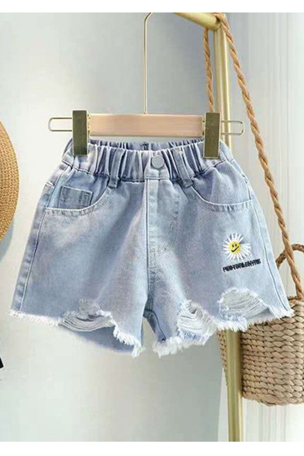 Kids Girls Fancy Design Floral Pattern Elasticated Waist Ripped Casual Summer Denim Short