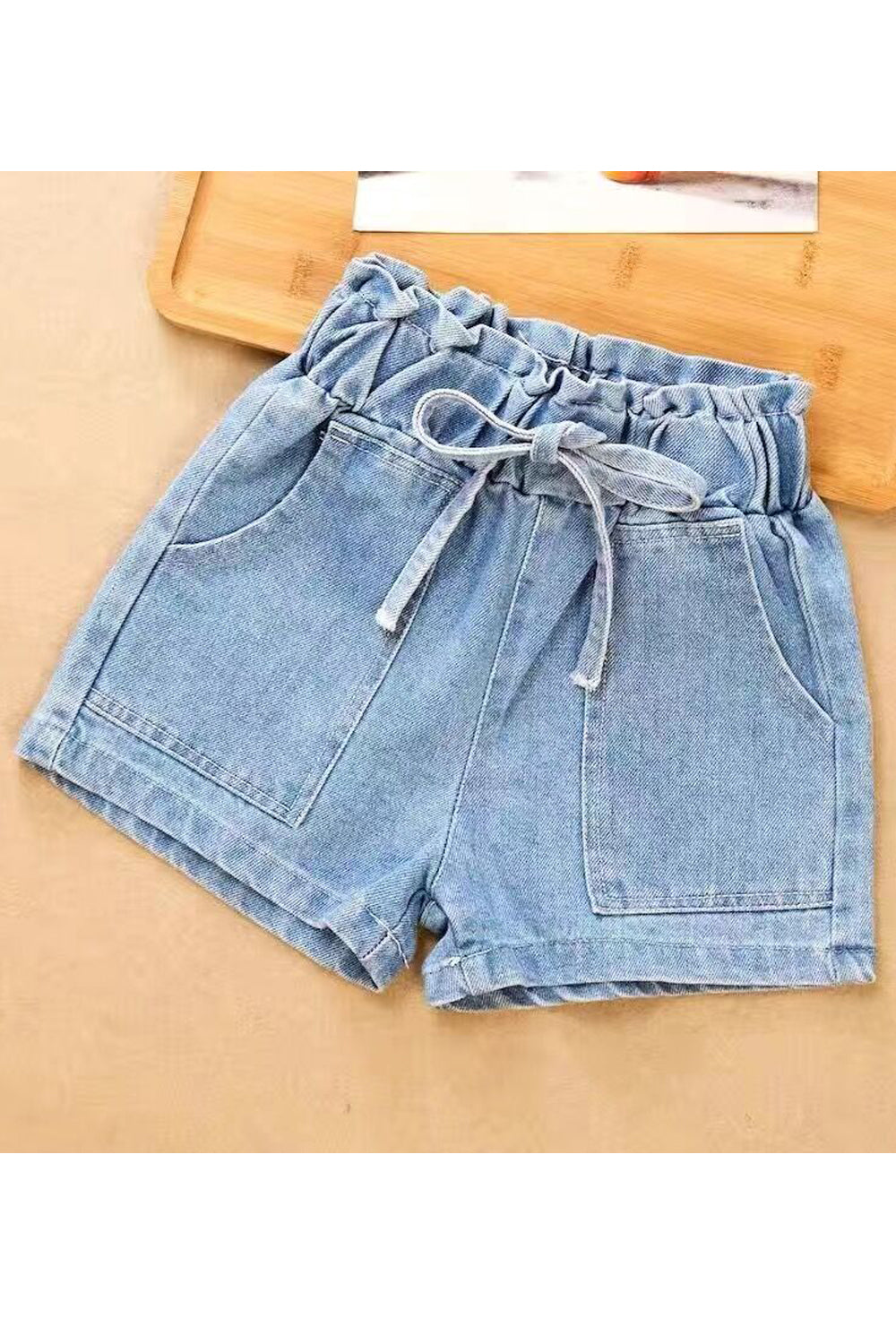 Kids Girls Modern Design Solid Pattern Elasticated Knotted Waist Casual Summer Denim Short