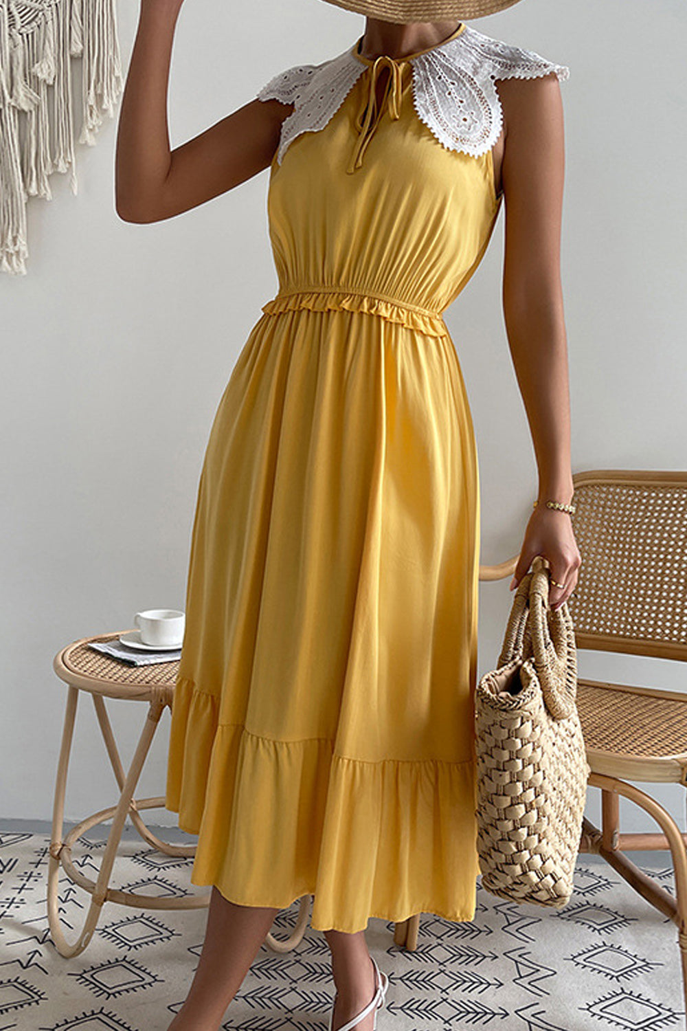 Women Sleeveless Easy V-Neck Fantastic Solid Colored Mid-Length Summer Stylish Party Dress