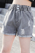Kids Girls Fascinating Elasticated Waist Solid Pattern Button Closure Ripped Summer Denim Short