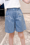 Kids Girls Beautiful High Elasticated Waist Solid Pattern Beats Attached Summer Denim Short