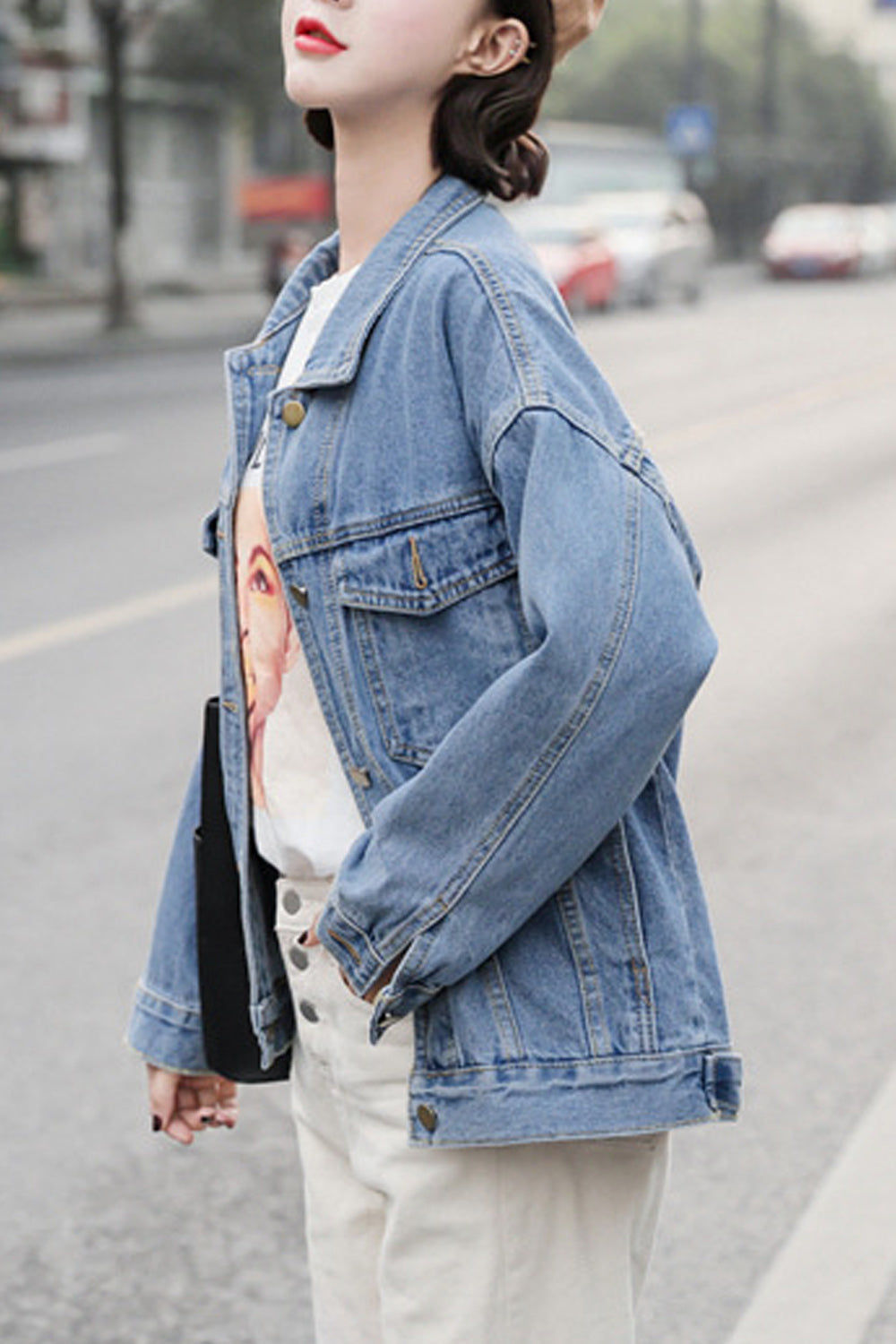 Women Fascinating Long Sleeve Button Closure Collar Neck Solid Colored Denim Jacket