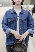 Women Fascinating Long Sleeve Button Closure Collar Neck Solid Colored Denim Jacket
