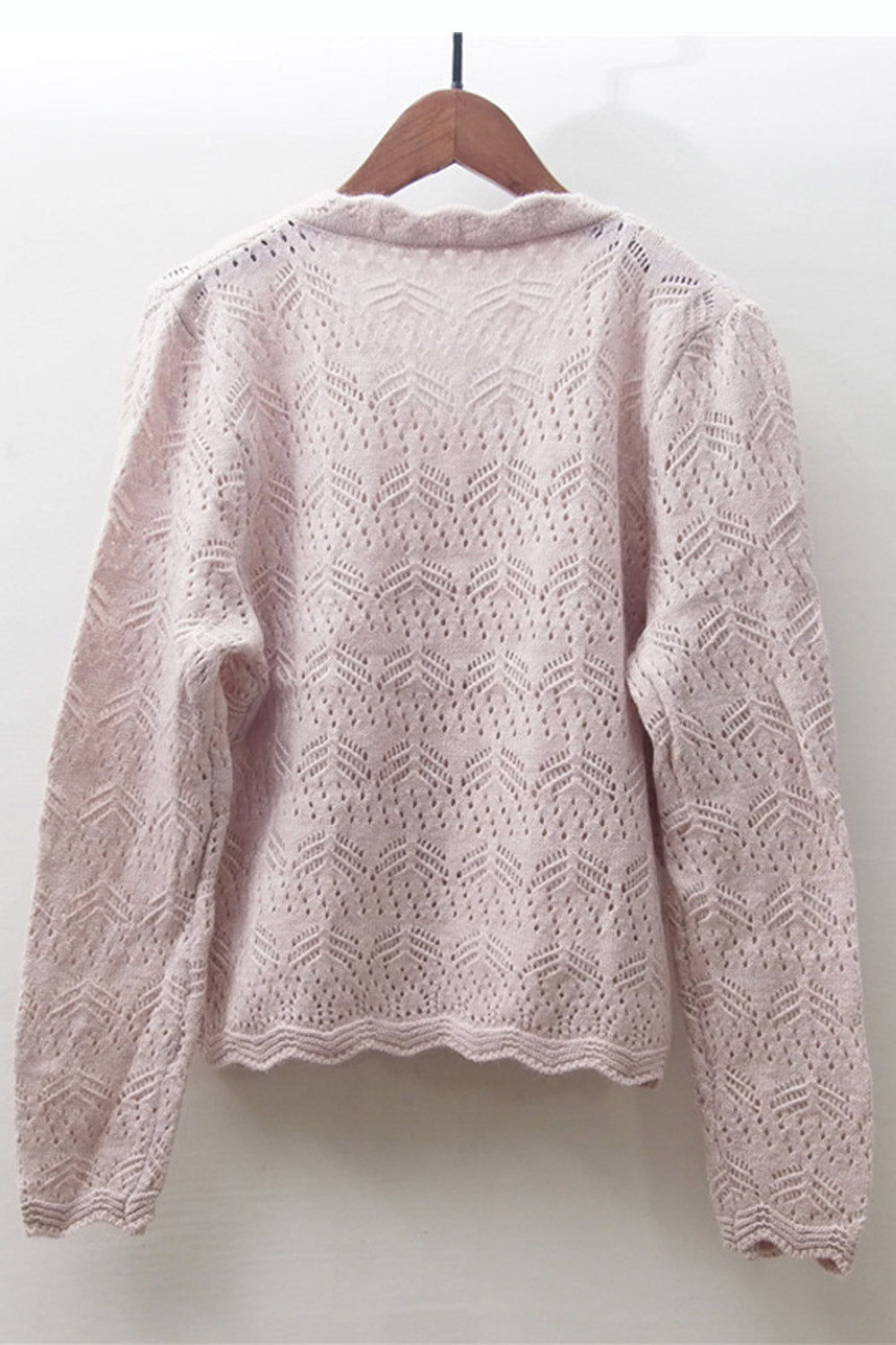 Women Warm Round Neck Button Closure Hollow Knit Cardigan