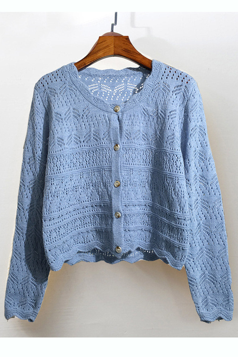 Women Warm Round Neck Button Closure Hollow Knit Cardigan
