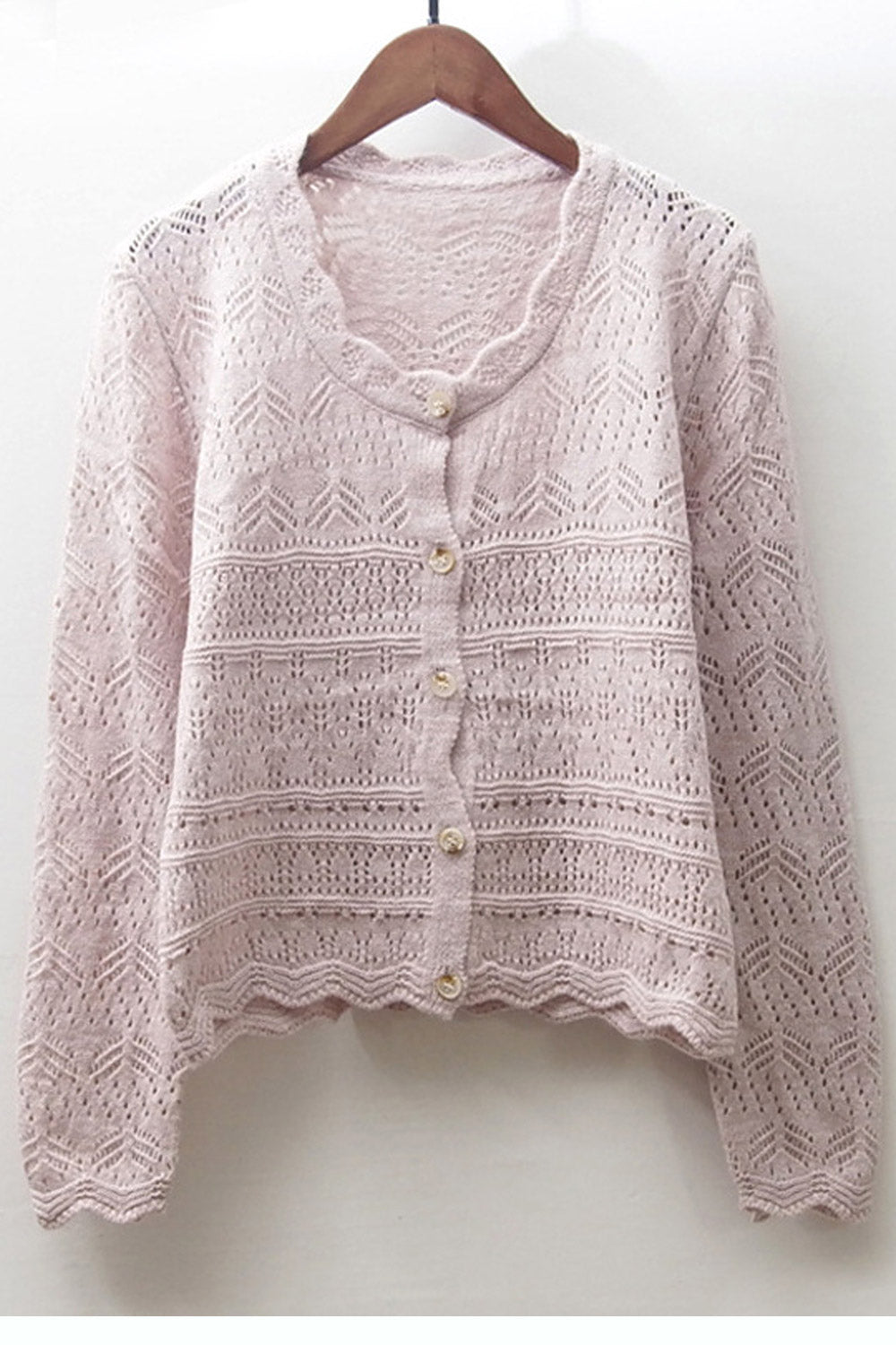 Women Warm Round Neck Button Closure Hollow Knit Cardigan