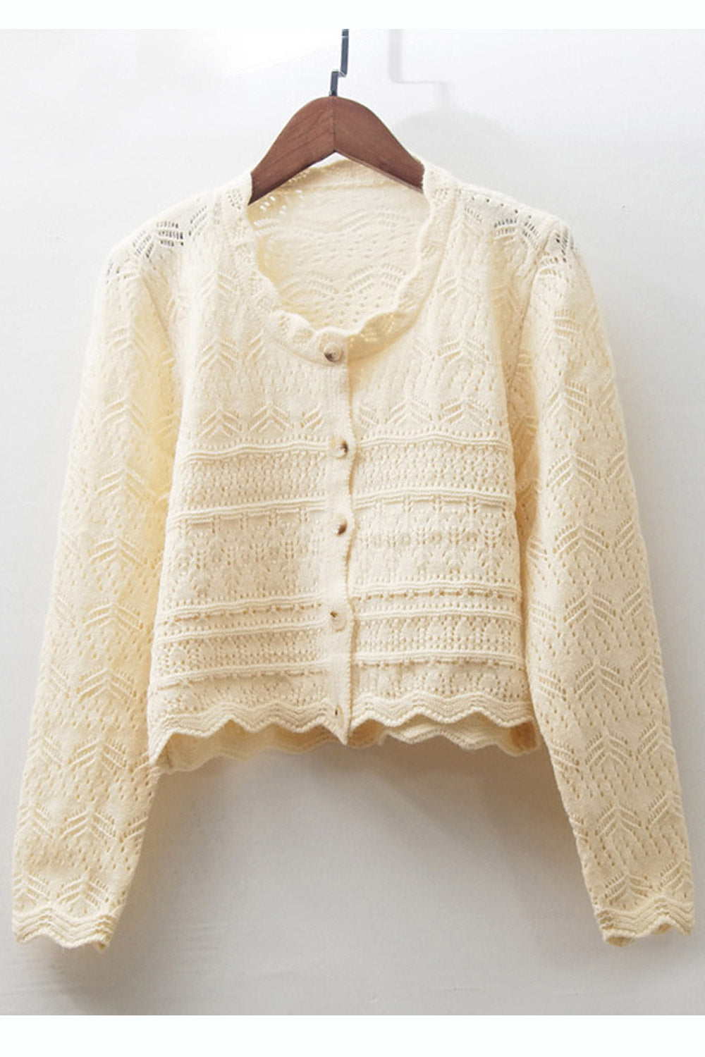 Women Warm Round Neck Button Closure Hollow Knit Cardigan