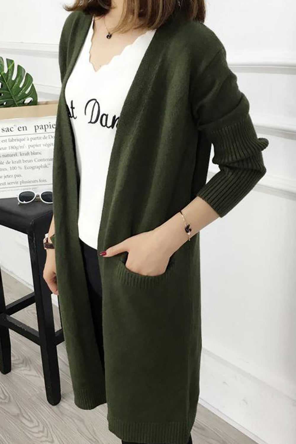 Women Long Length Elegant Solid Colored Thick Lovely Cardigan