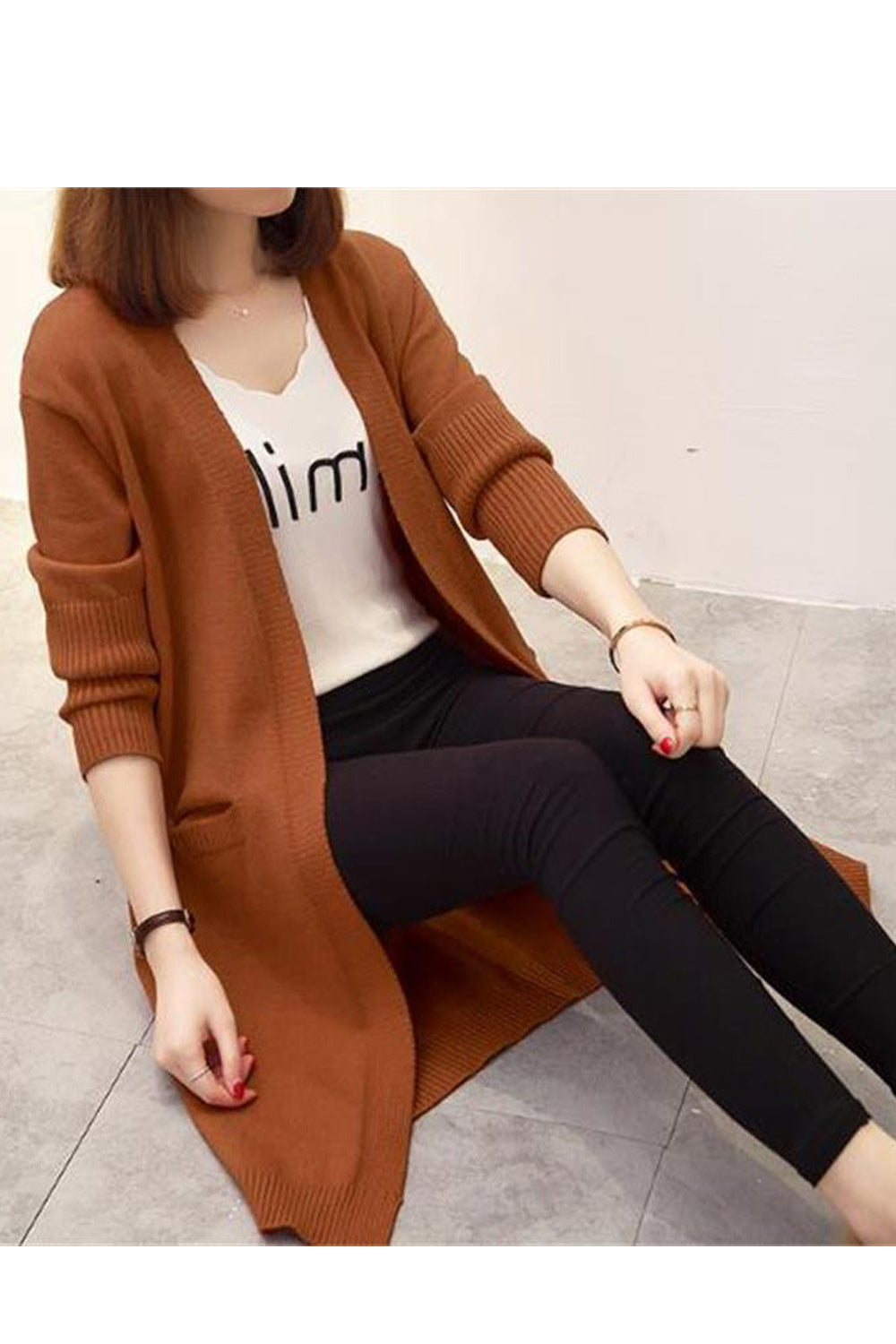 Women Long Length Elegant Solid Colored Thick Lovely Cardigan